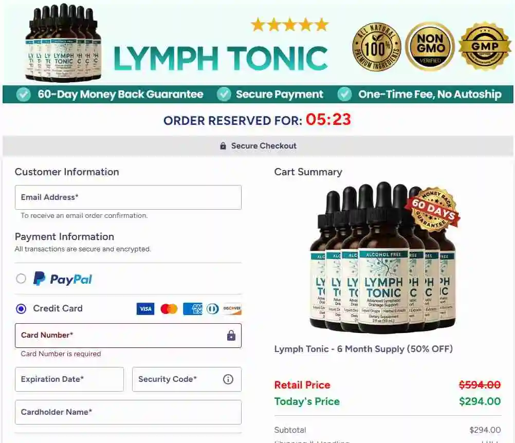Lymph Tonic Lymph Tonic Secure 256-Bit Encrypted Checkout Page